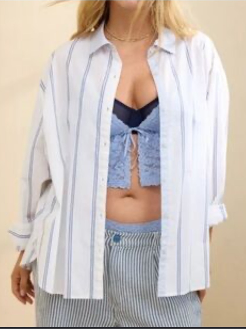 aerie White Button-Down Shirt with Blue Stripes